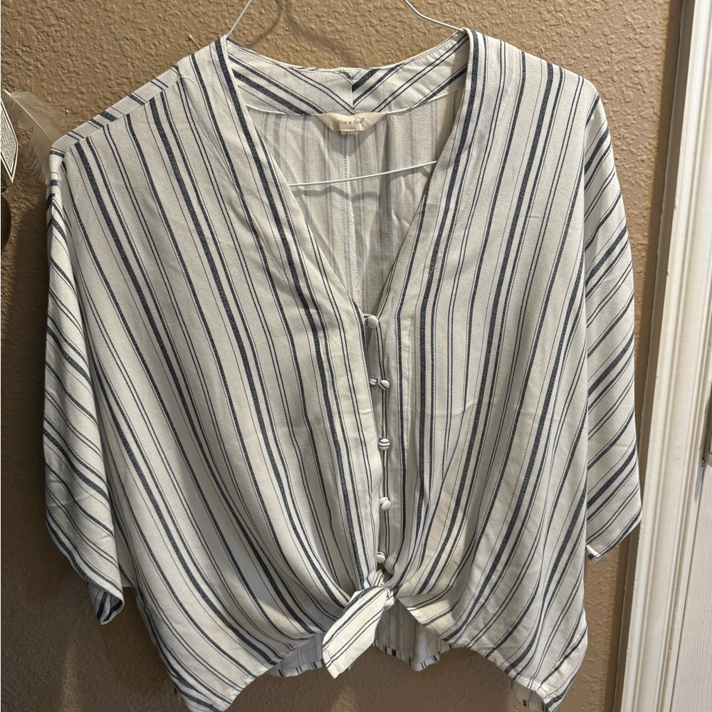 COPY - Sim & Sam Women’s Cropped Blouse Size XL Balloon Sleeve Rayon White Blue…